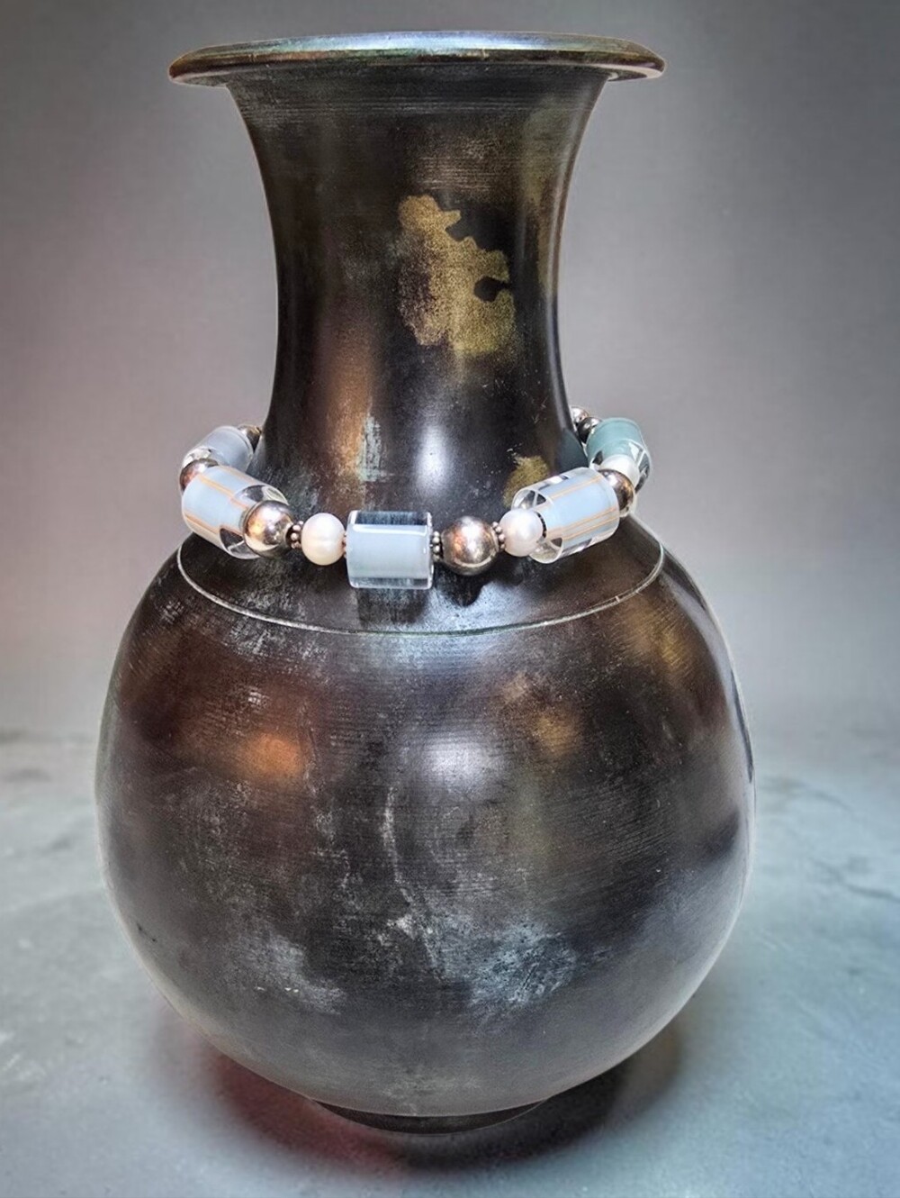 Vintage Venetian Cane Glass And 925 Silver Beaded Bracelet